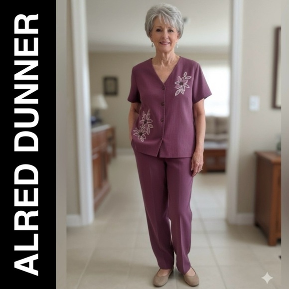 Alfred Dunner Pants - Alfred Dunner VTG 2PC Petite Pant Set Embroidered Floral Blouse & Pants Size 12P